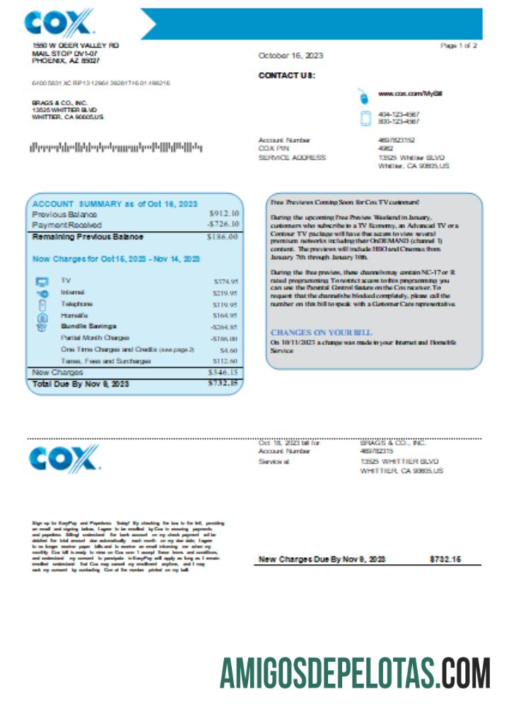 Projeto de lei comercial de serviços públicos COX, página 1, SCR exemplo real